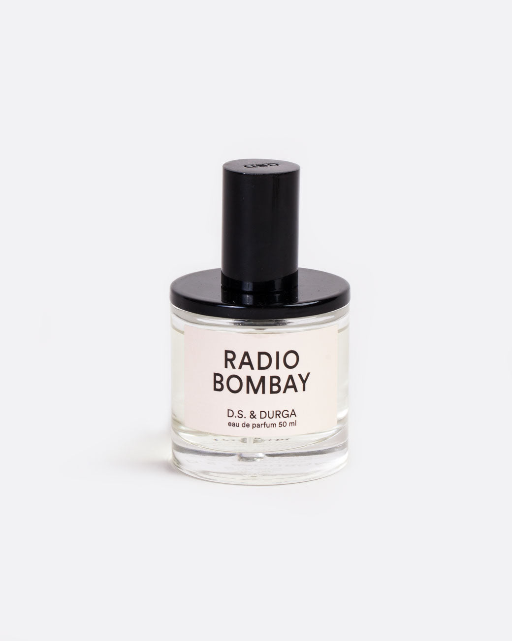 50ML glass bottle of D.S. & Durga Eau De Parfum: Radio Bombay with black shiny spritzer top