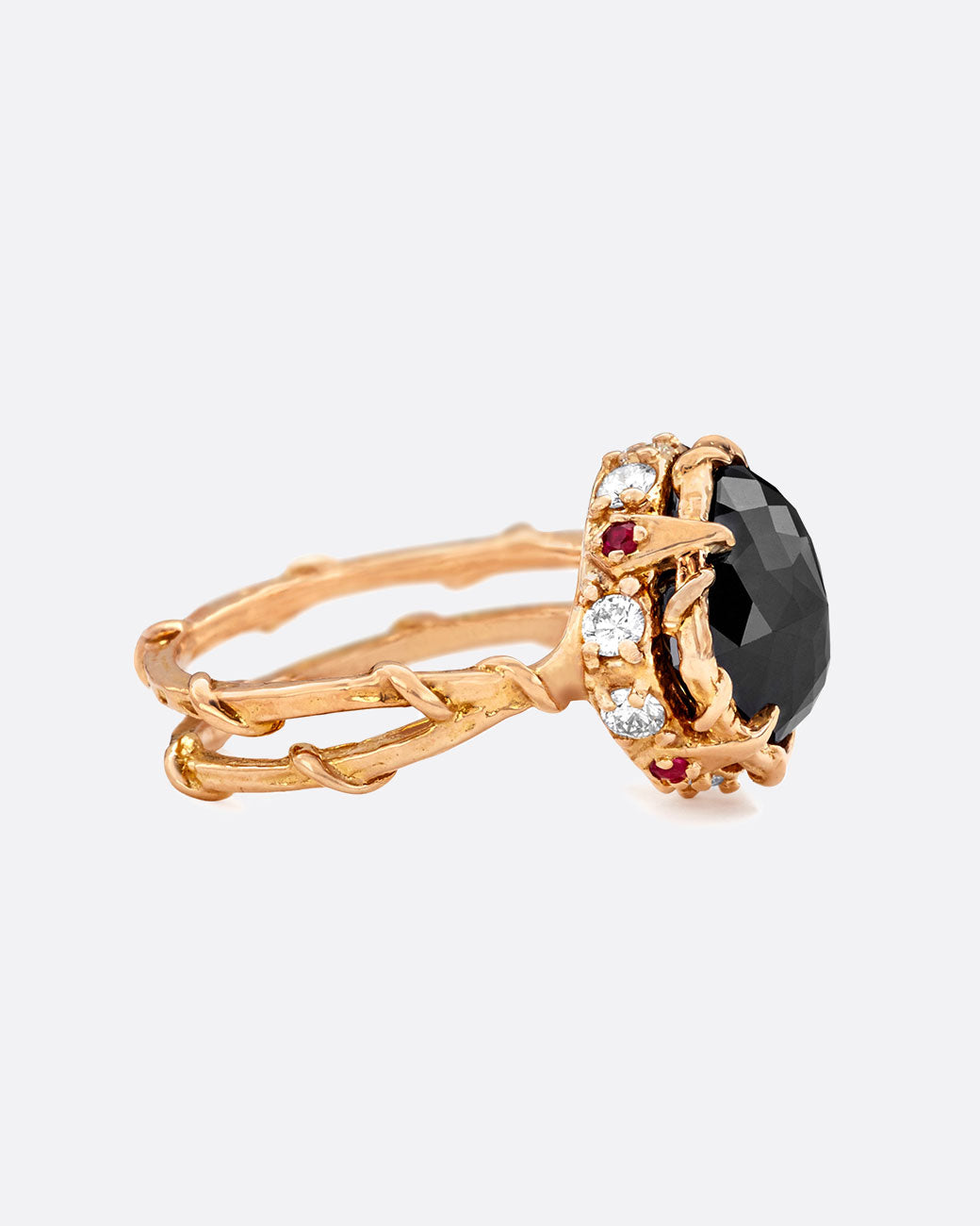 18k rose gold and black diamond Intrigue Crown ring by Karen Karch, shown from the side