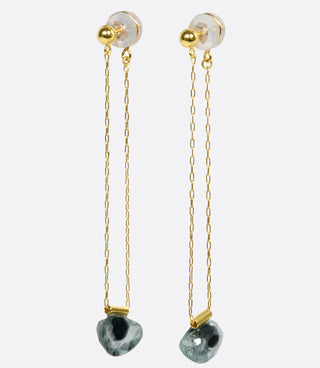 A pair of stud earrings with chain drops that feature two-tone blue tourmalines.