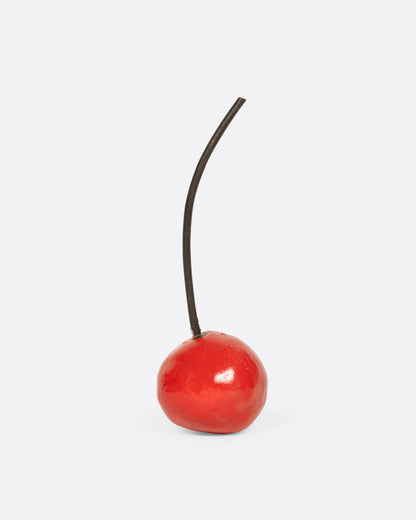 Porcelain red cherry sculpture, single cherry with a dark stem
