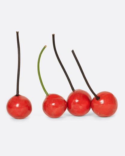 OKS porcelain cherry sculptures, glossy red cherries with long thin stems
