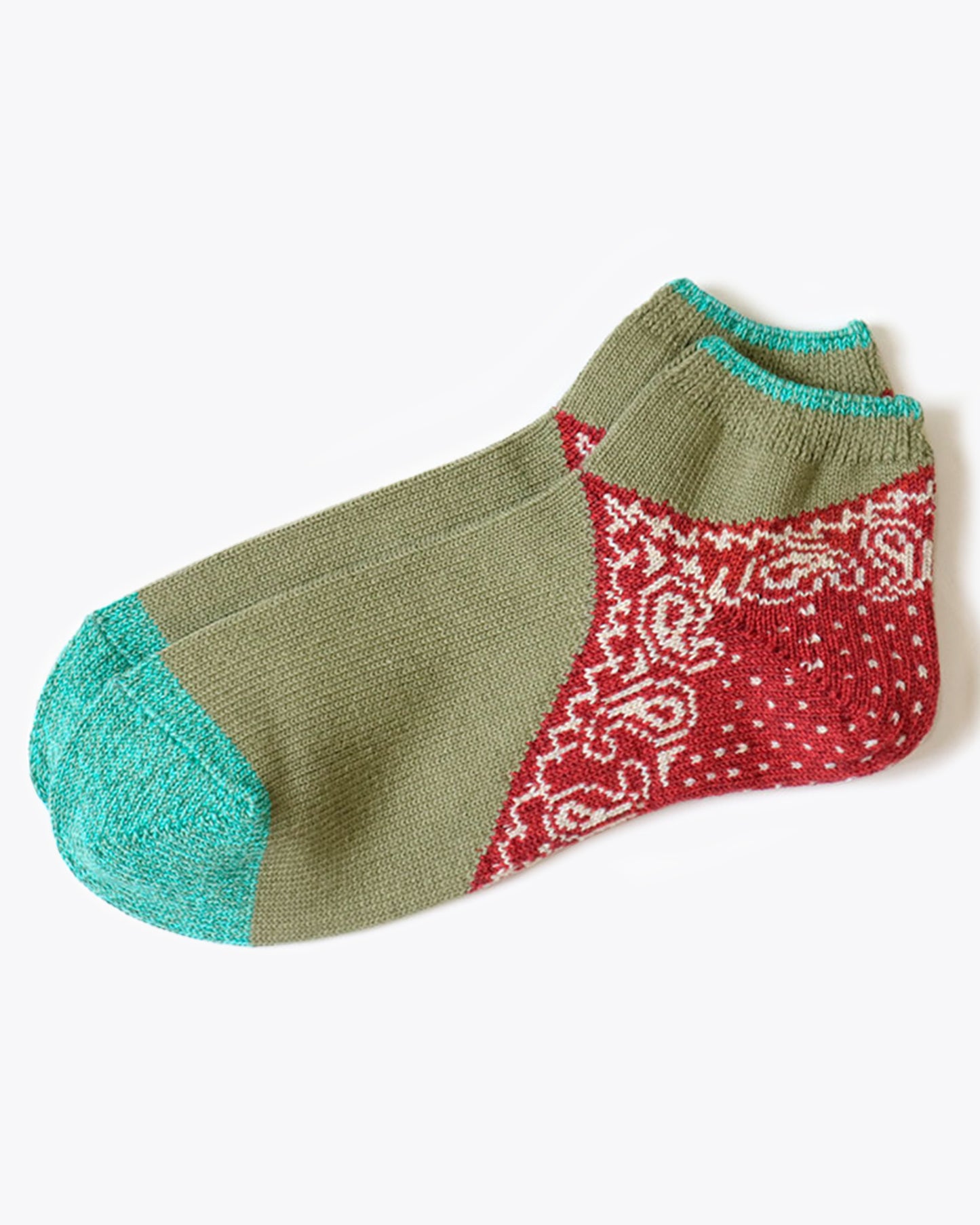 A pair of moderately thick ankle socks with a paisley bandana heel.