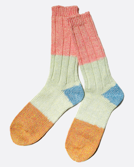 Color blocked linen tube socks in a mix of pink, blues, and orange.