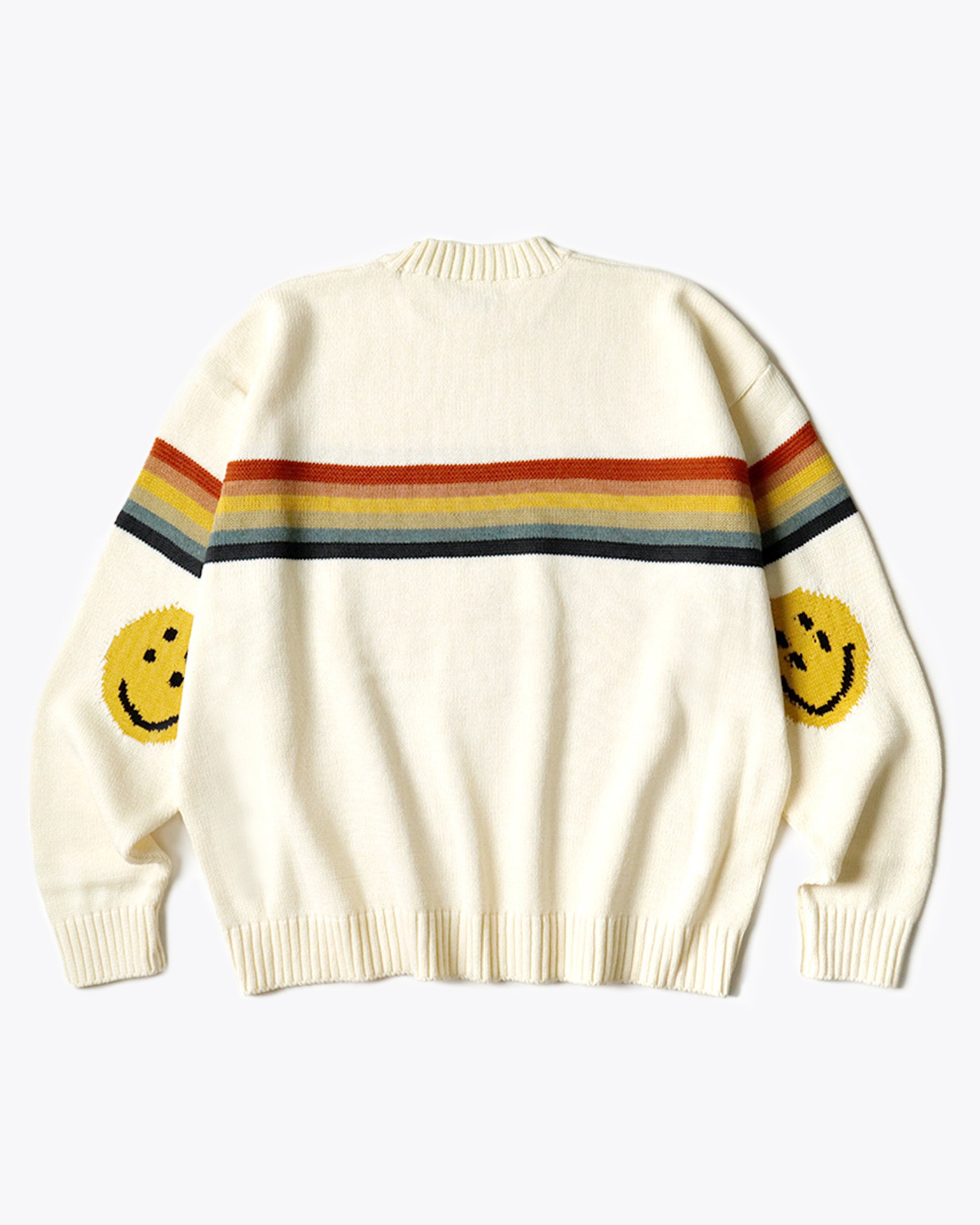 A 5g knit crewneck sweater with a rainbow stripe and smiley elbow patche