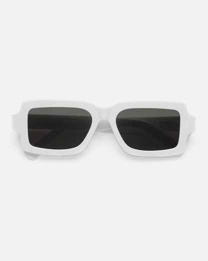 Rectangular white framed sunglasses, shown from the front.
