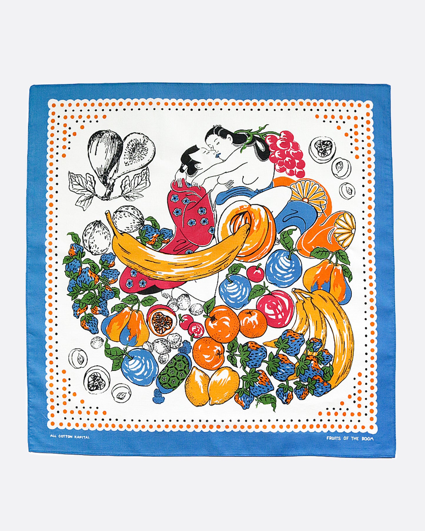 A spring painting bandana showing the "Fruits of the Room" with a colorful vintage feel.