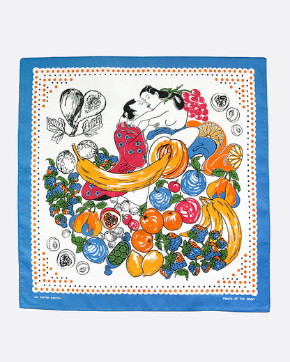 A colorful bandana with a blue edge and a spring painting print of lovers embracing among a spread of fruits. Shown from the front.