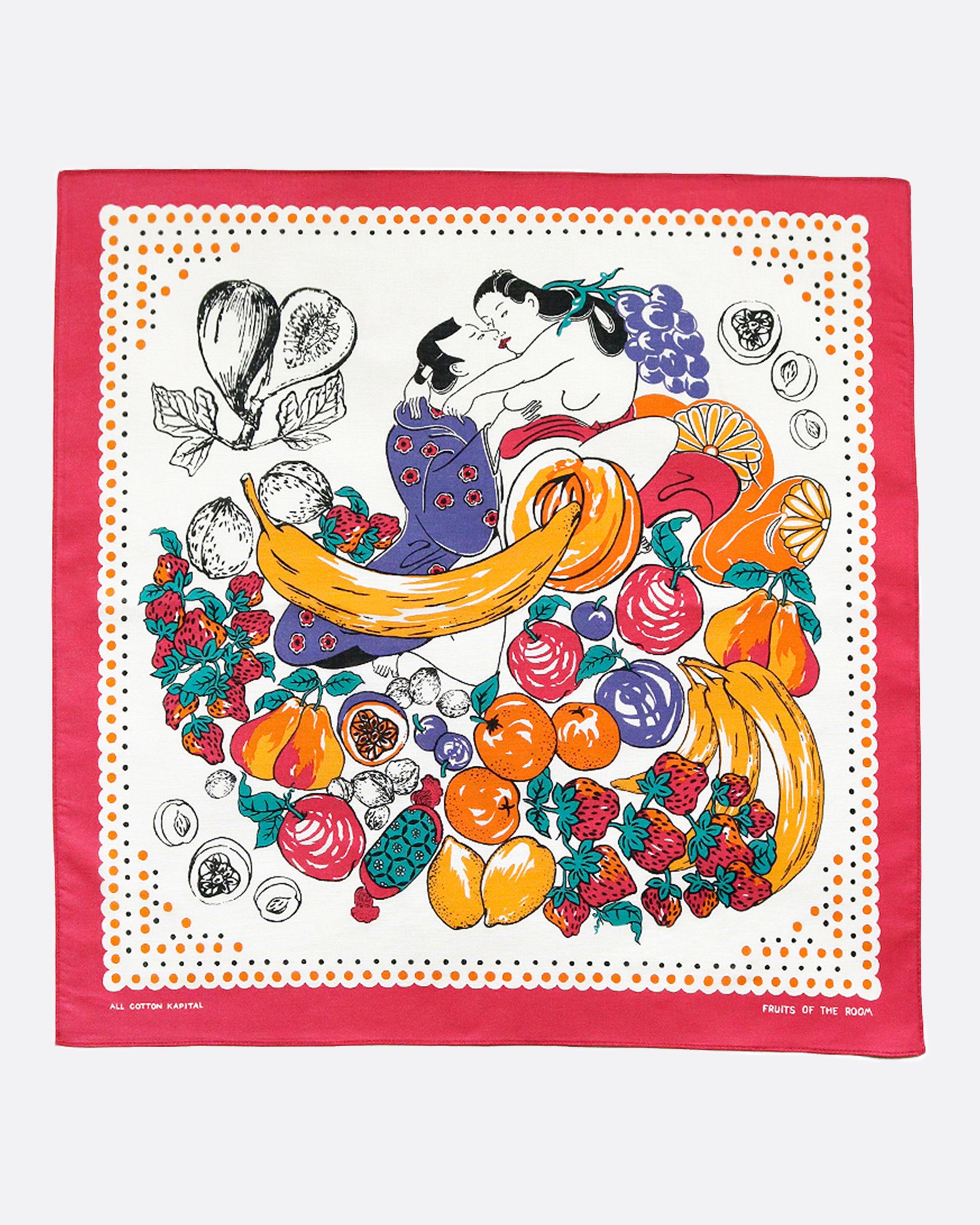 A spring painting bandana showing the "Fruits of the Room" with a colorful vintage feel.