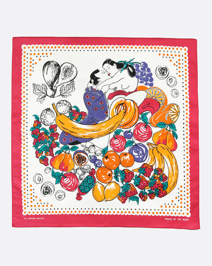 A colorful bandana with a red edge and a spring painting print of lovers embracing among a spread of fruits. Shown from the front.