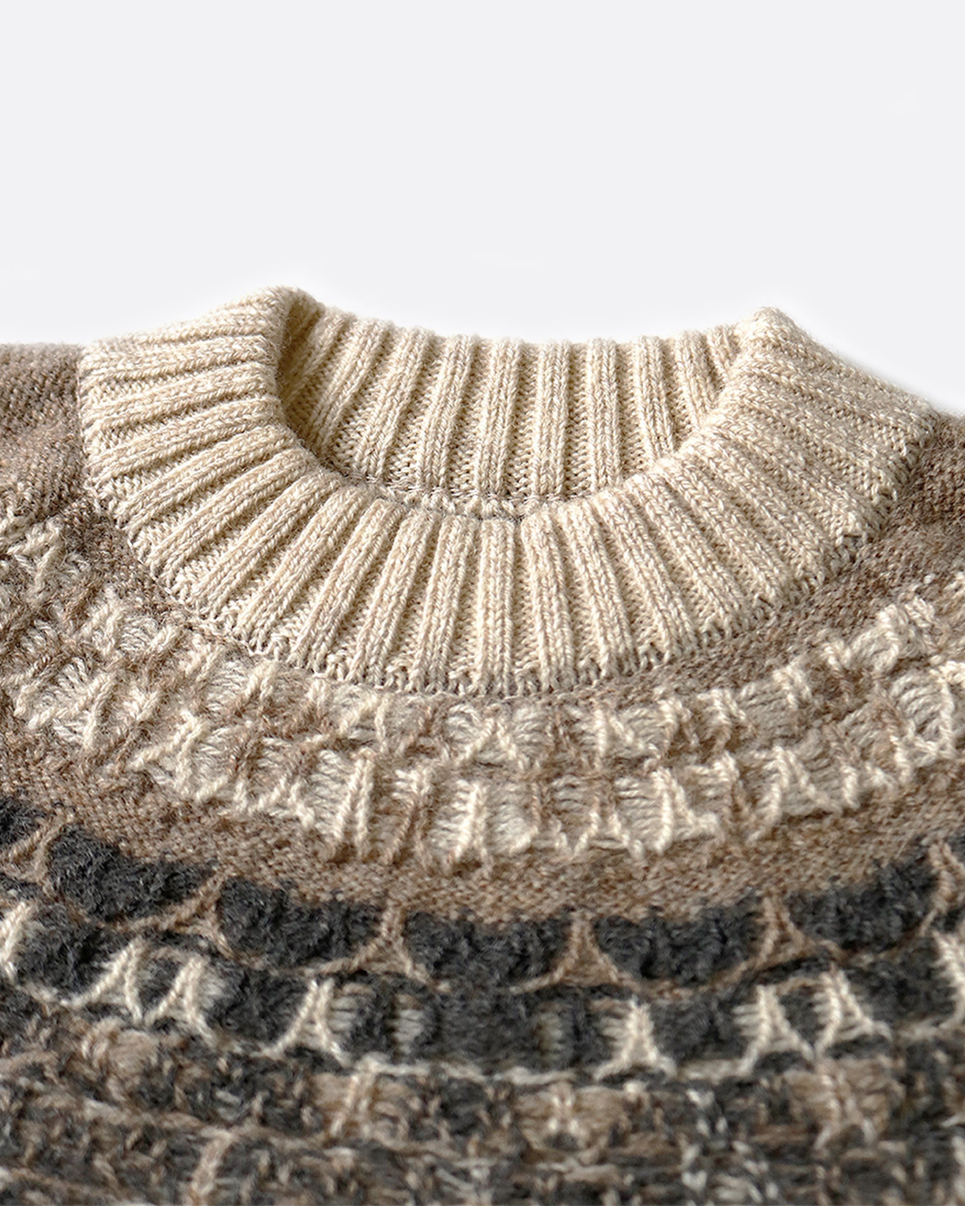A close up of the Nordic pattern around the collar of the pullover sweater.