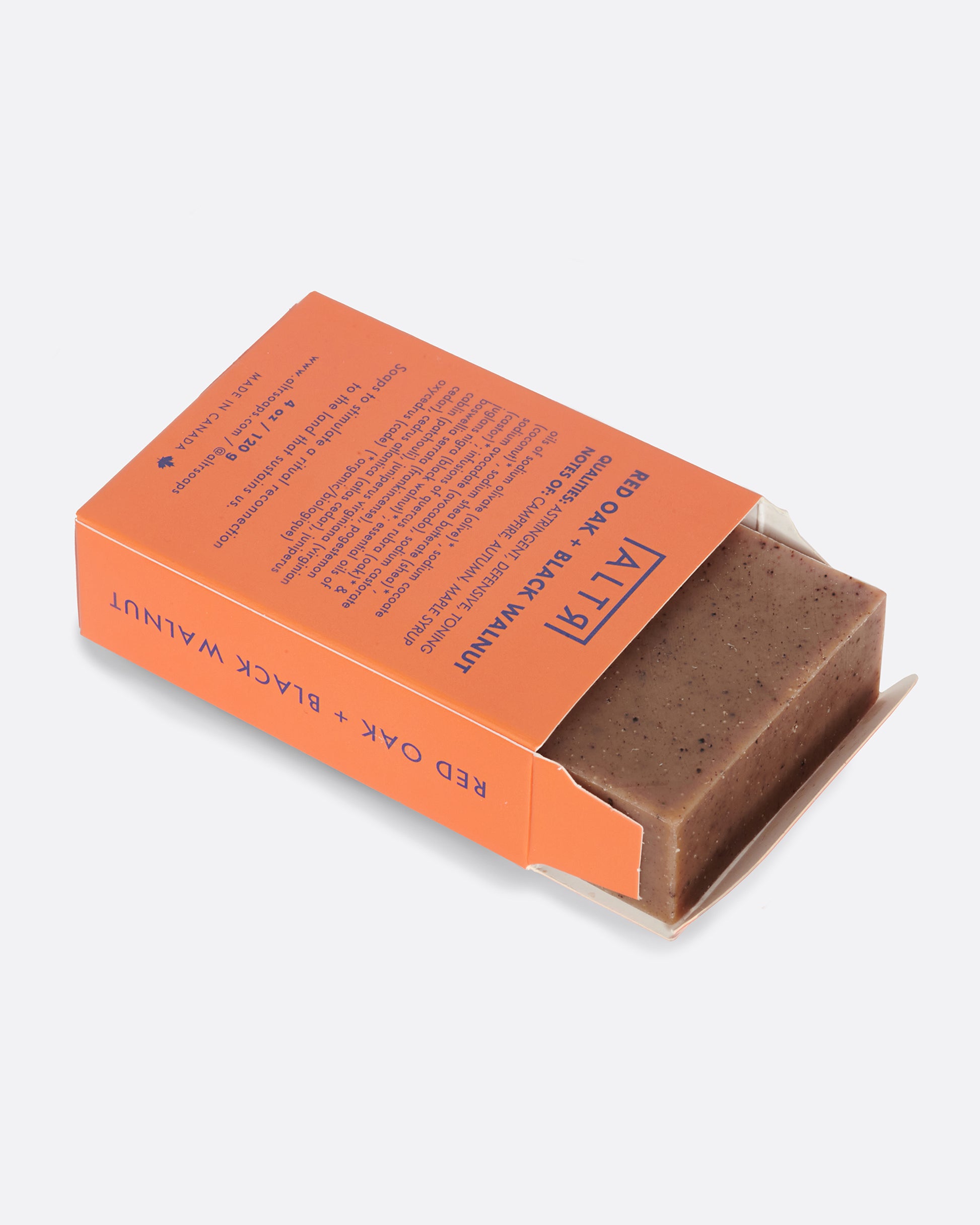 Bar soap made from ground Black Walnut husks and Red Oak bark to create a powerful, cleansing soap that is both smokey and woodsy.