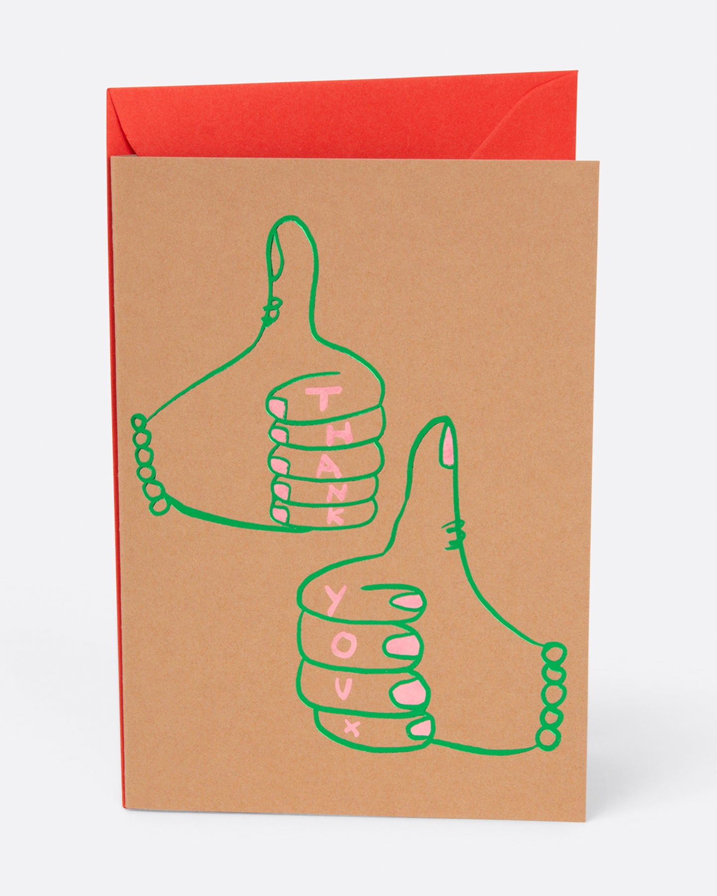 A kraft paper card with two green hands giving a thumbs up that reads "Thank You"