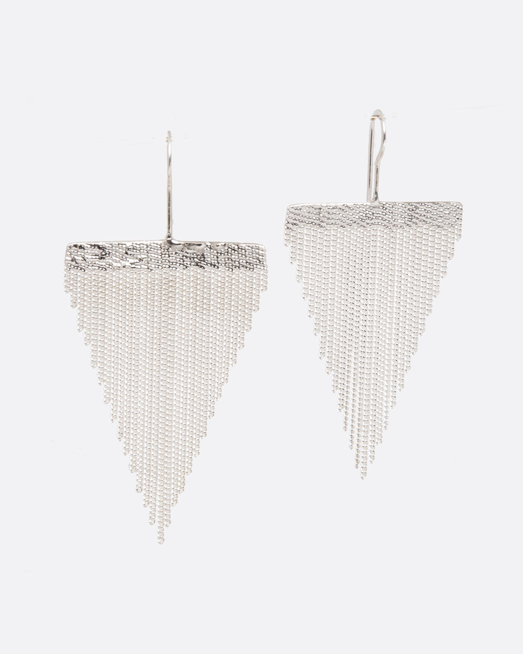 front view of long and large triangle earrings in silver. there is a solid bar at the top, while the rest of the earring is made of chains that hang free.