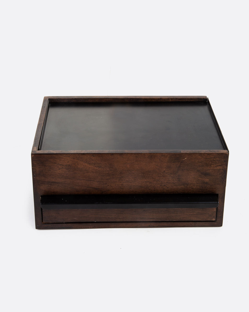 jewelry box made of wood with metal details. there are three compartments, one with rings and two drawers.