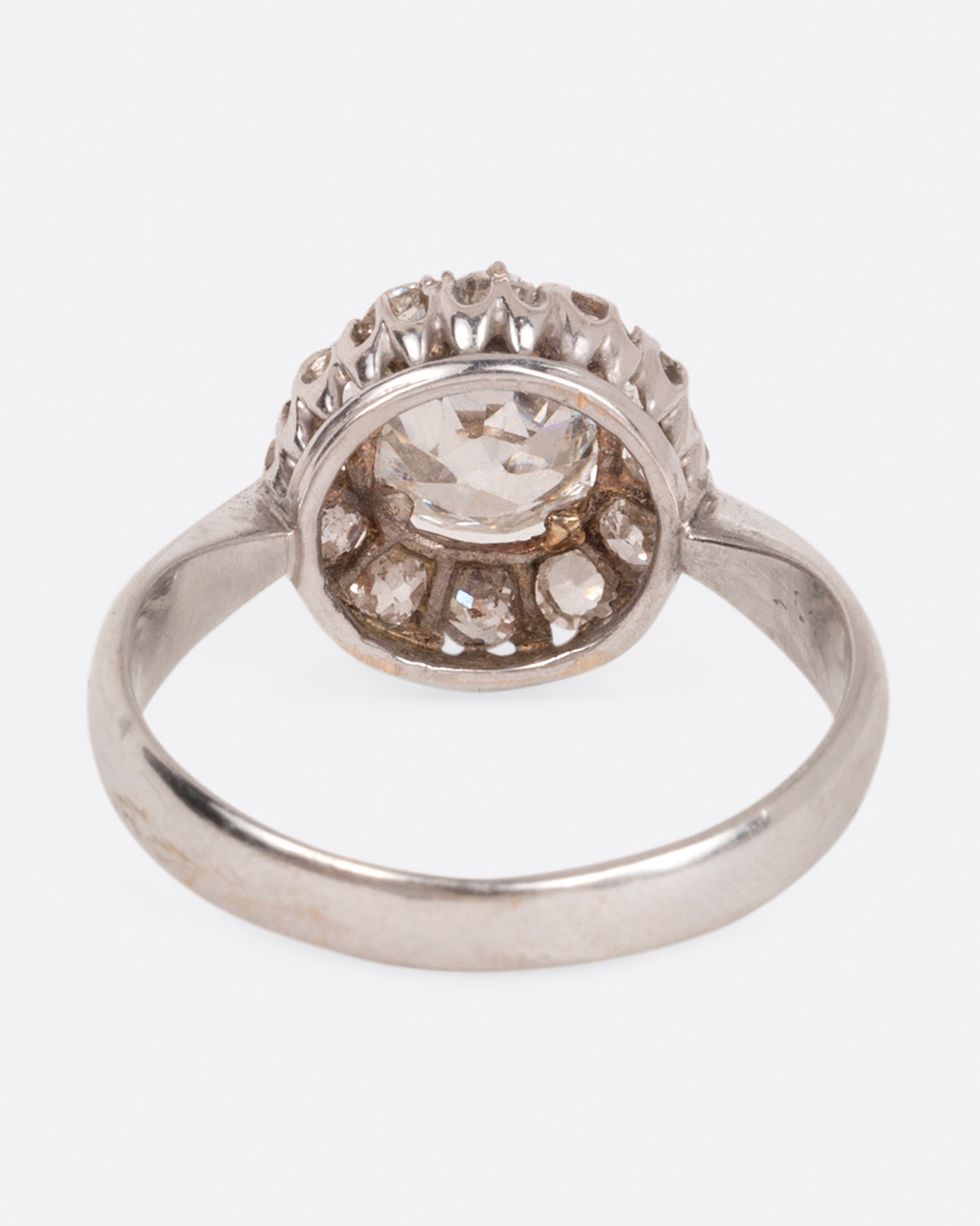 A white gold ring with a tapered band and a flower-shaped cluster of diamonds, shown from the back.