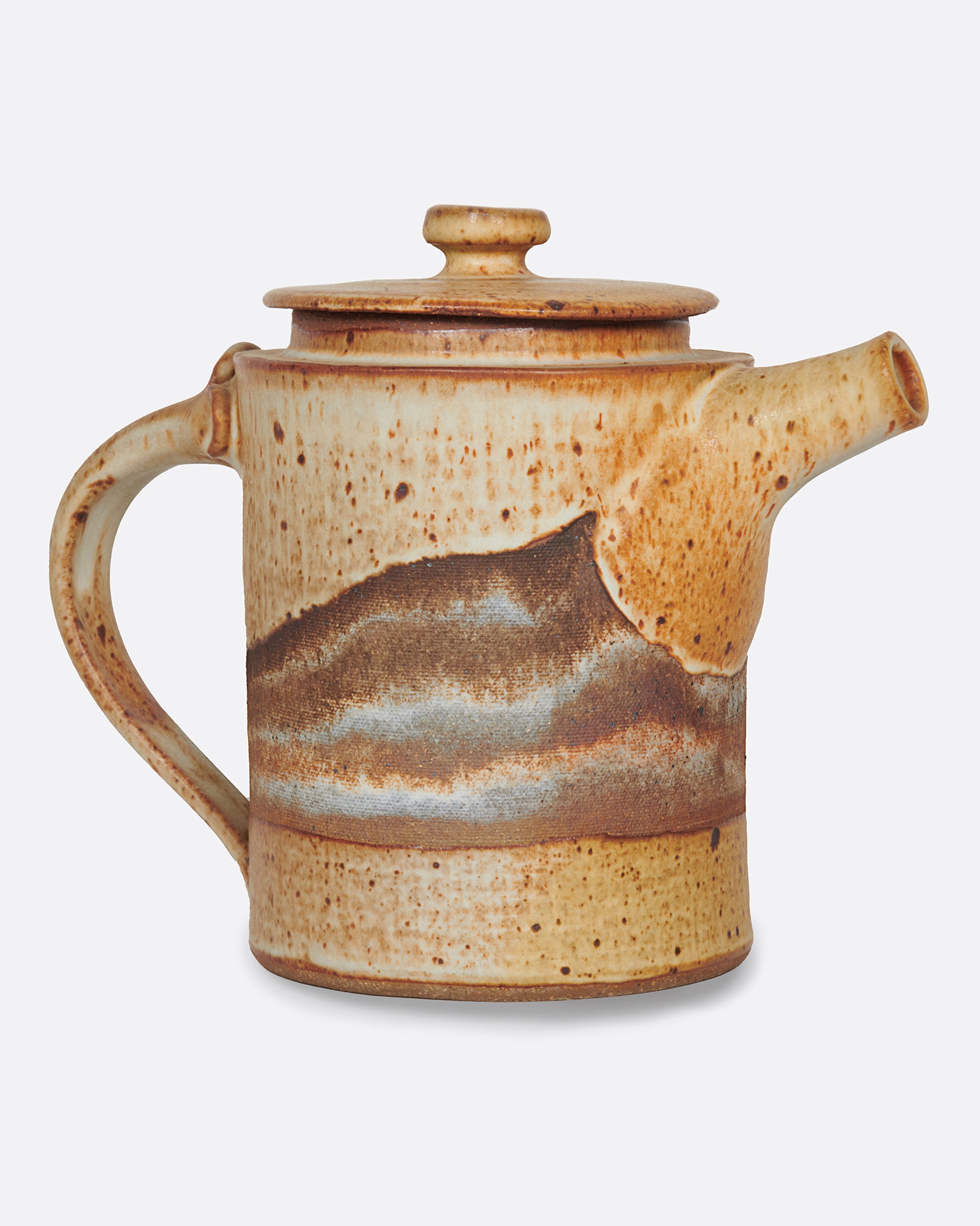 A handcrafted, brown, ceramic teapot with rippled glaze.