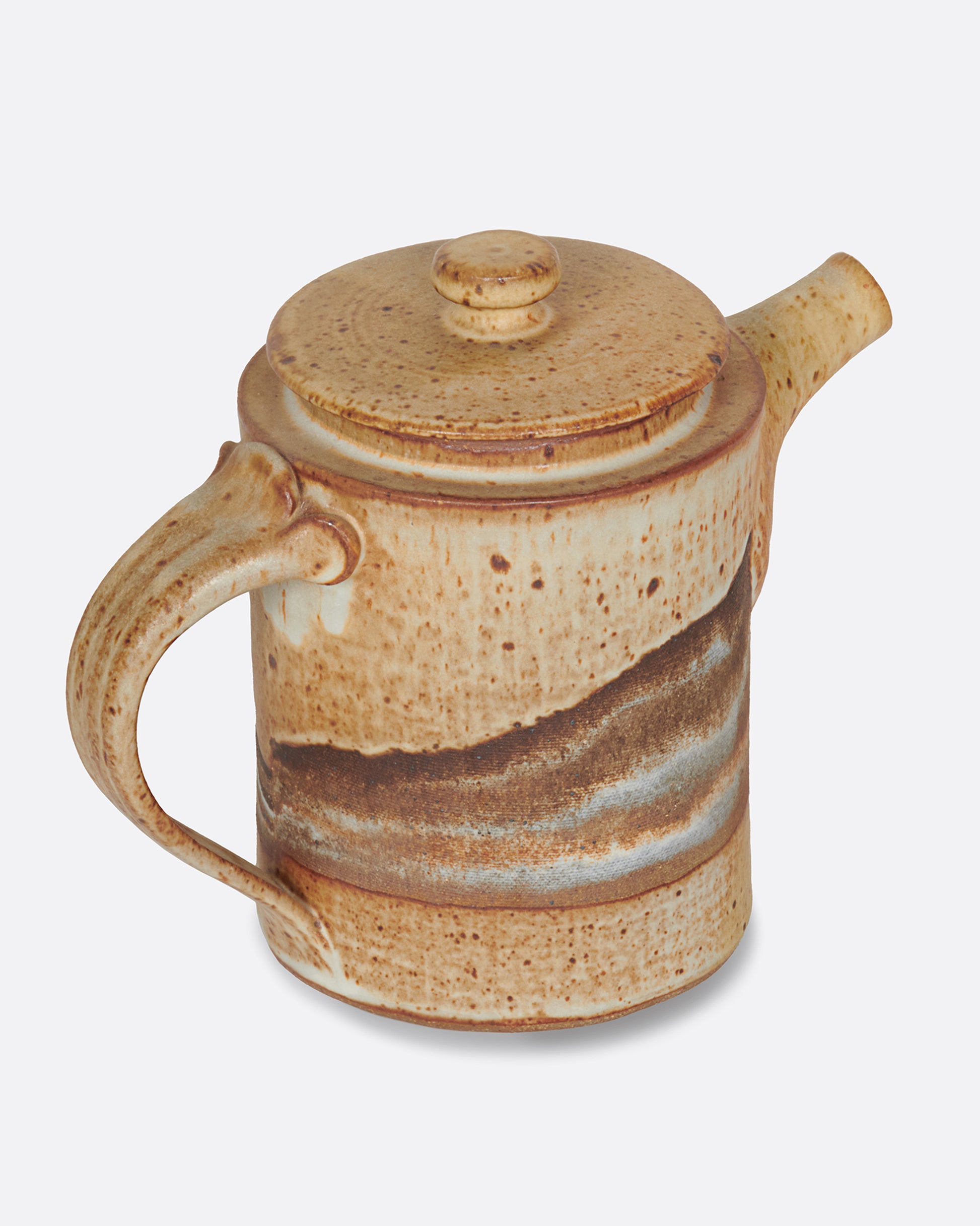 A handcrafted, brown, ceramic teapot with rippled glaze.