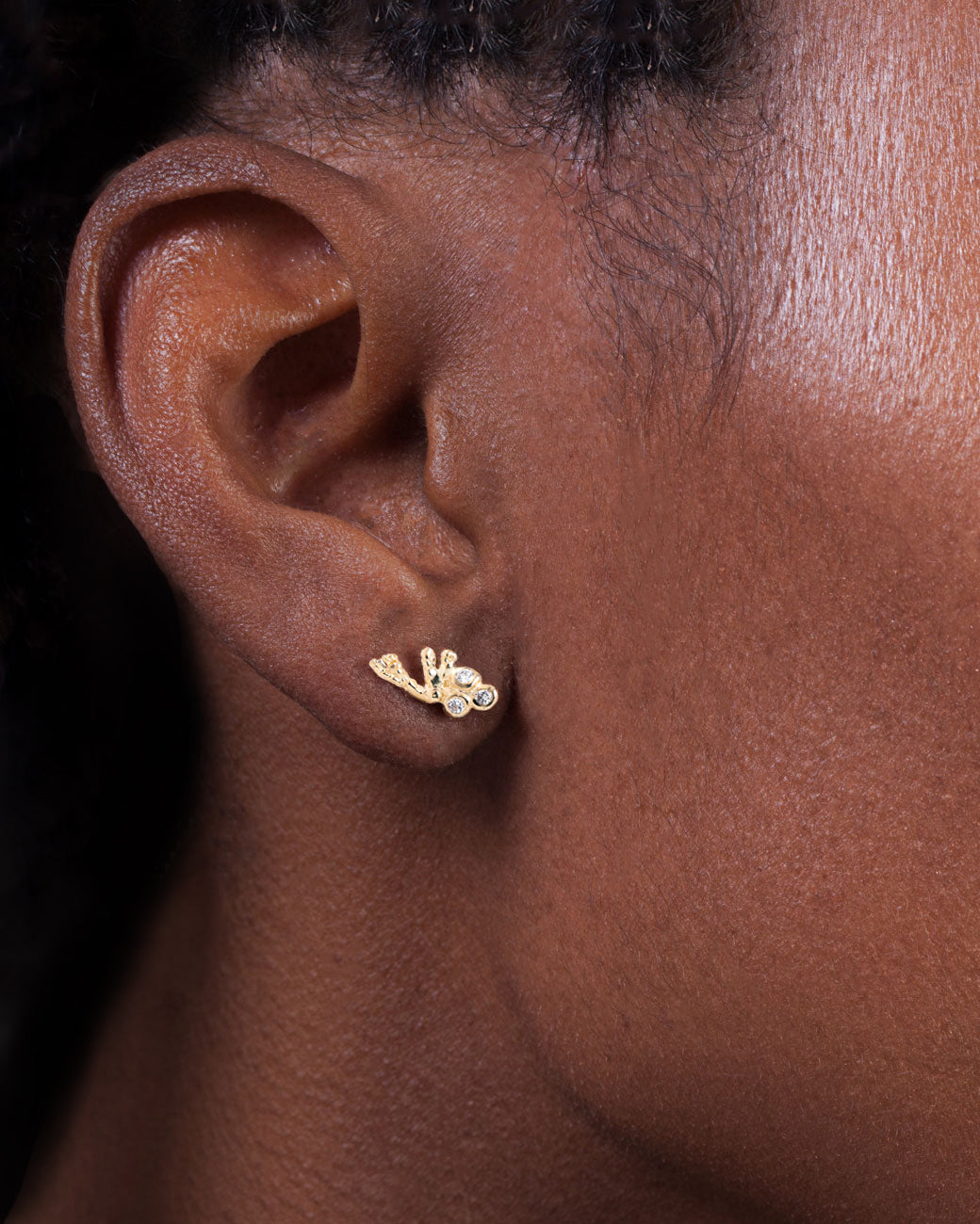 a womans ear wearing the branch and diamond earring studs. they sit flush to her lobe.
