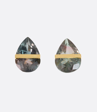 A pair of blue-pink pear shaped tourmaline studs, shown from the front.